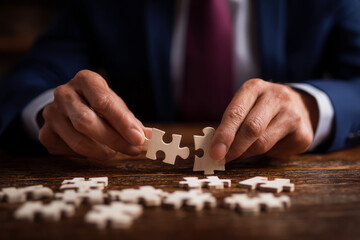 Poster - Close-up of hands fitting together two wooden puzzle pieces, showcasing problem-solving and collaboration, symbolizing connection and teamwork in business