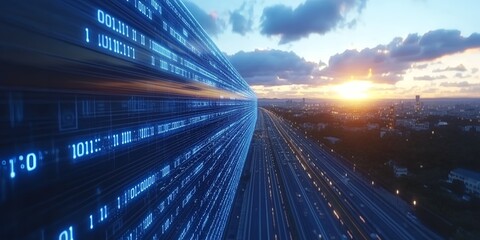 Poster - Digital Data Stream Wall beside City Highway at Sunset Aerial View showcasing technological advancement and urban infrastructure A stunning image representing the flow of data in a modern city