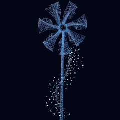 Poster - Polygonal wireframe windmill with fragmented flying debris particles in blue digital mesh style on dark background vector illustration