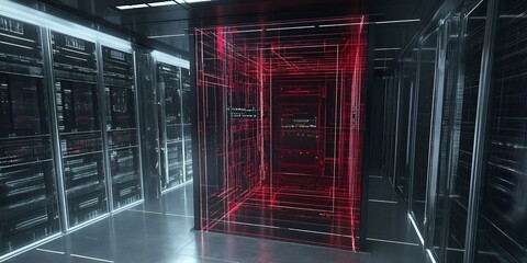 Poster - Modern Data Center Server Room with Red Digital Data Stream Hologram Inside a Glass Cube