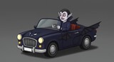 Cartoon vampire driving vintage car