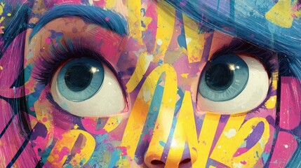 Poster - close up of a woman with blue hair, her face adorned with vibrant, colorful makeup and large, captiv