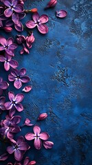 Wall Mural - Purple lilac blossoms, dark blue background, spring floral design