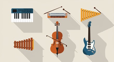 Poster - Flat design illustration of various musical instruments arranged on a light background
