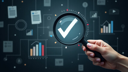 Fototapete - Businessman holding a magnifying glass with icons, steps review concept, Go through documents with checkbox lists, rules of conduct, and policies, Company Articles of Association Terms and Conditions.