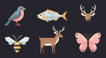 Poster - Geometric animal illustrations on a dark background for nature or design projects