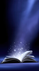 Poster - Magical book opening with sparkling light in a dark environment at night