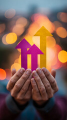 Poster - hands hold upward-pointing arrows; gold and purple, against a blurred light background, symbolizing 