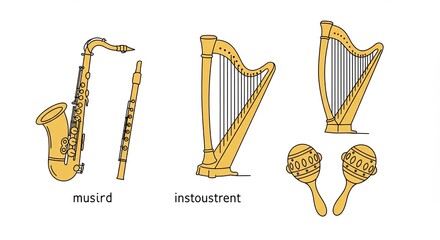Poster - Illustration of musical instruments including a saxophone, flute, and harps.