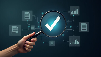 Fototapete - Businessman holding a magnifying glass with icons, steps review concept, Go through documents with checkbox lists, rules of conduct, and policies, Company Articles of Association Terms and Conditions.