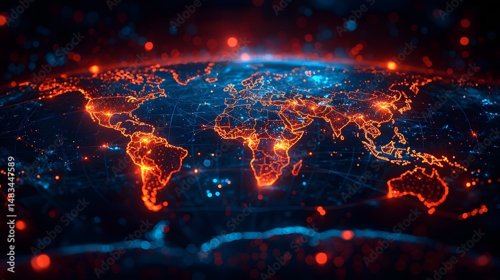 Distributed Network World Illuminated world map showing global distribution networks Stock ...