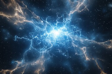bright cosmic explosion with blue nebula and starry background in deep space