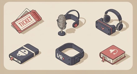 Poster - Isometric illustration of VR technology and entertainment devices on a beige background.