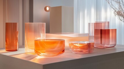 Modern glass objects displayed on a light-toned surface.