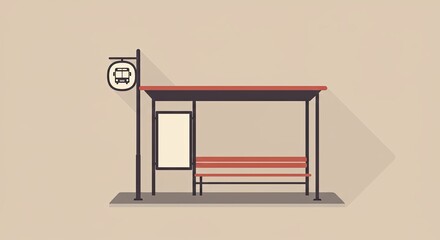 Poster - Minimalist illustration of a bus stop with a sign and bench on a neutral background