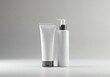 © Oyek Vizual Studio - Plain white cosmetic containers on reflective surface against grey background. Suitable for branding, beauty products, skincare, and minimalist design concepts.