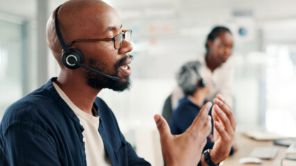 Poster - Man, consultant or discussion with headset at call center for customer service or online advice. Male person, agent or employee talking with mic on technology for virtual assistance or help at office