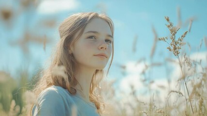 Poster - A woman stands alone in a vast field of tall grass, possibly lost or contemplating her surroundings
