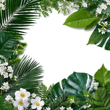 A border arrangement of various tropical green leaves and a few white flowers, isolated against a clean white background