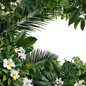 A border arrangement of various tropical green leaves and a few white flowers, isolated against a clean white background