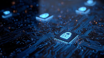 Poster - Digital security concept with glowing padlock symbol on a circuit board