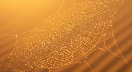 Delicate spiderweb glistening with morning dew, a golden sunrise.