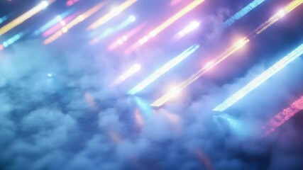 Poster - A clear night sky with puffy clouds and neon lights in the background