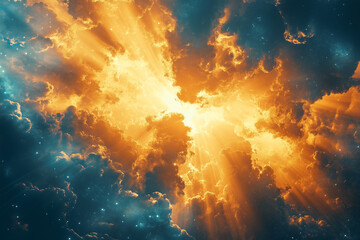 Wall Mural - vibrant orange cloud is floating in the sky, surrounded by a deep blue background. The sun is shining brightly, casting a warm glow on the cloud and the sky. The contrast between the bright orange