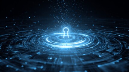 Poster - Glowing digital padlock symbol surrounded by concentric circles and particles