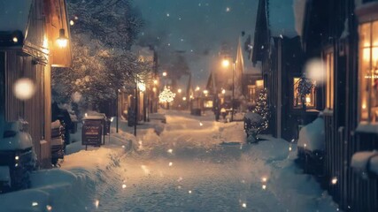 Aufkleber - A snowy street with a brightly lit building in the background