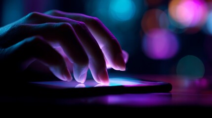 Poster - Hands using a smartphone with neon lighting for modern technology concept