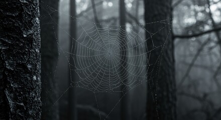 Delicate spiderweb glistening with morning dew in a misty forest.
