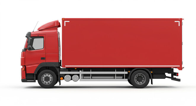 Side view of a red delivery truck with a box trailer on a white background in a studio setting