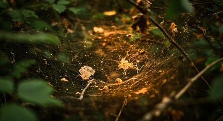 Detailed close-up of an intricate spiderweb in a forest environment.