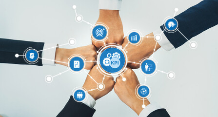 Poster - office worker team stacking hand together symbolize successful group of business partnership and str