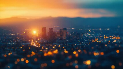 Poster - A blurred image of a city skyline during sunset with warm colors and soft focus