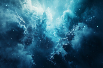 Wall Mural - sky is filled with blue clouds and stars. The stars are scattered throughout the sky, creating a sense of depth and wonder. The blue color of the sky and clouds gives the image a peaceful