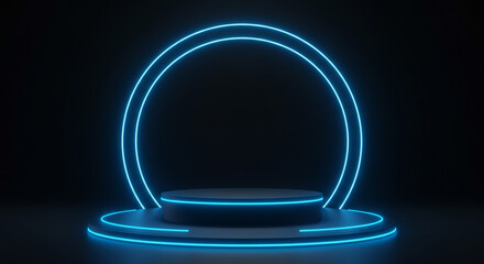 Poster - Futuristic Neon Circle Stage Blue Glow Dark Background 3D Render Product Display Minimalist Design