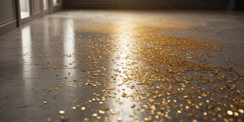Wall Mural - Golden confetti bursts across polished floor, sunlit gleam ,  shine,  happy,  interior