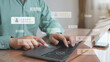 © Kenstocker - Customer review good rating concept, hand pressing user and five star icon on visual screen for positive customer feedback, testimonial and testimony, user comment and feedback for review.