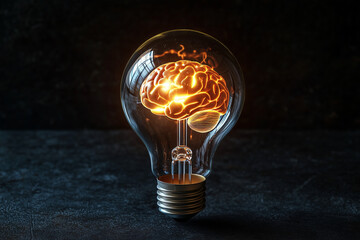 Poster - light bulb with a brain inside of it. The bulb is lit up and the brain is glowing