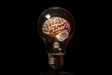 Poster - light bulb with a brain inside of it. The bulb is lit up and the brain is glowing. Concept of intelligence and the importance of the brain in our lives