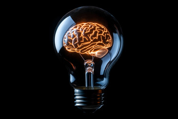 Aufkleber - light bulb with a brain inside of it. The bulb is lit up and the brain is glowing