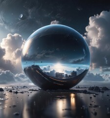 Wall Mural - Futuristic vessel circles bright, cloud-covered orb  Starry backdrop ,  bright, exploration