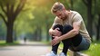 © Ada - Man injured leg while jogging, american man sitting on ground, massaging sore muscle with hands, upset and injured runner.