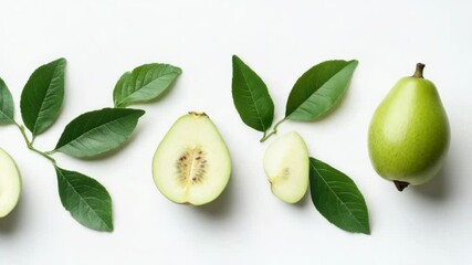 Poster - Fresh green apples surrounded by leaves on a white background, great for food or nature-themed projects