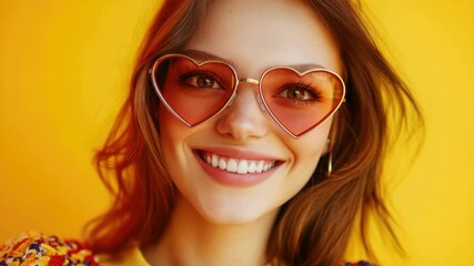 Poster - A woman wearing heart-shaped glasses and a casual outfit, suitable for everyday use or as a prop in creative projects