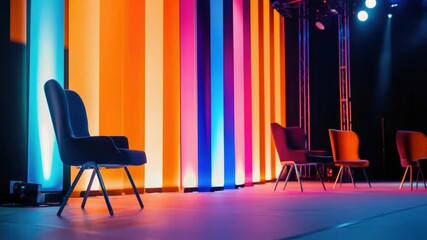 Poster - Colorful stage with chairs and lights, ideal for event or performance photography