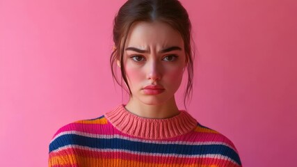 Poster - A woman wearing a bright and cheerful sweater looks directly into the camera lens