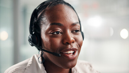 Aufkleber - Happy, black woman and consultant with headset at office for online communication or customer service. Female person, agent or smile with technology, mic or help for virtual assistance at call center